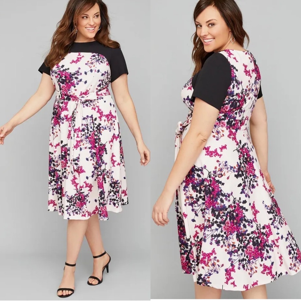 Floral Fit-and-Flare Dress with Black Yoke and Short Sleeves
